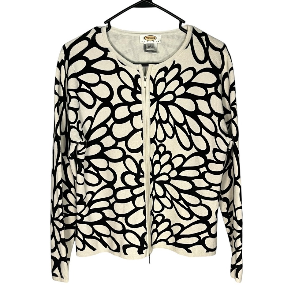 Talbots Petites Women's Full Front Zip Cardigan Sweater M White/Black